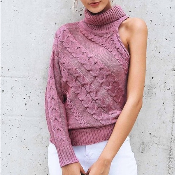 Vutti Sweaters - Rose Asymmetrical One Shoulder Turtleneck Sweater